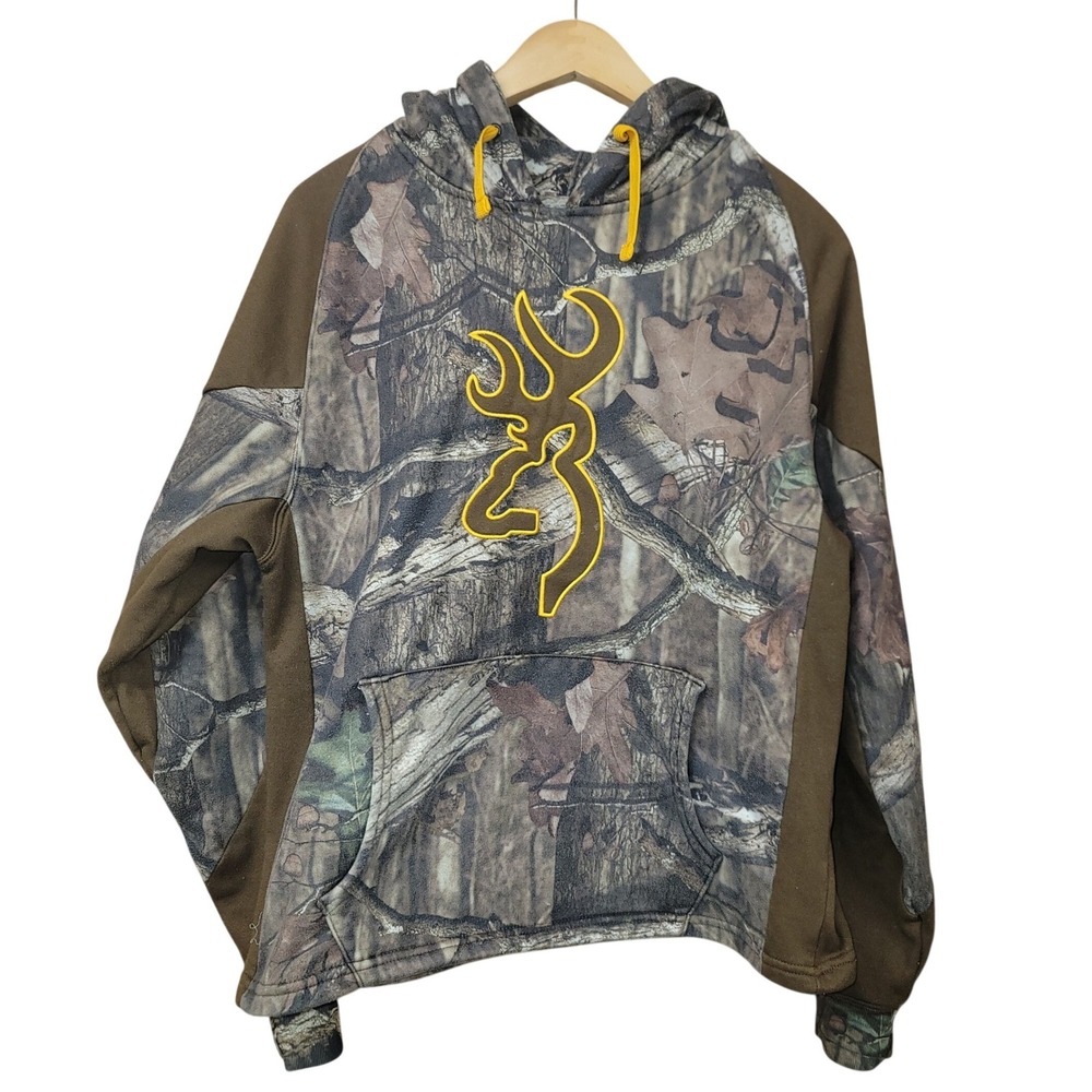 Browning Mens Camo‎ Hoodie Buckmark Logo Pullover Fleece Sweatshirt Brown Medium